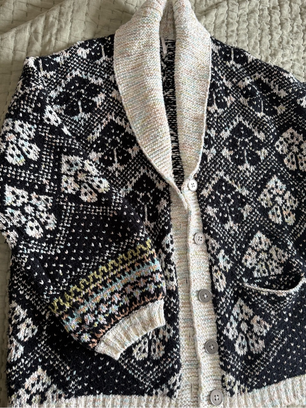 Black and Cream Shawl Collar oversized women’s Fair Isle Cardigan Sweater